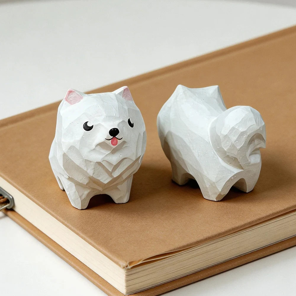 Hand Carved Decorative Wooden Samoyed Figurine Mini Cute Dog Puppy Statue Ornament Home Desk Wood Art Decor Gift for Dog Lovers