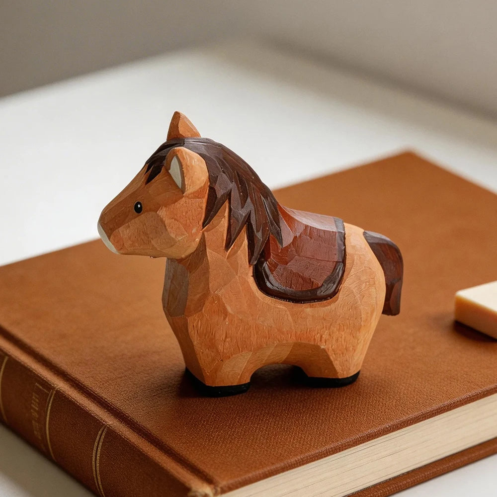 Cute Handmade Decorative Wooden Horse Figurine Animal Carving Ornament Statue Carving Home Room Desktop Accessories Decor Gift