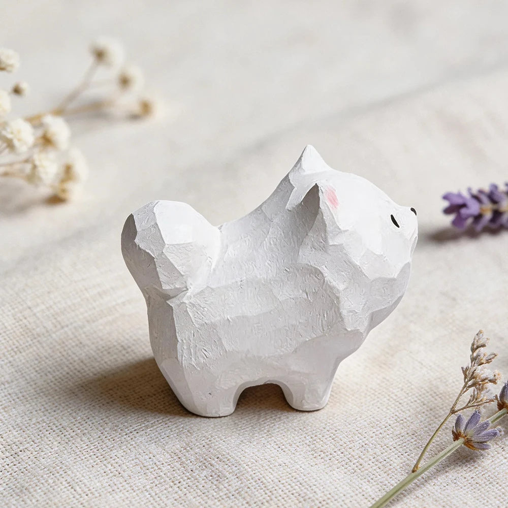 Hand Carved Decorative Wooden Samoyed Figurine Mini Cute Dog Puppy Statue Ornament Home Desk Wood Art Decor Gift for Dog Lovers