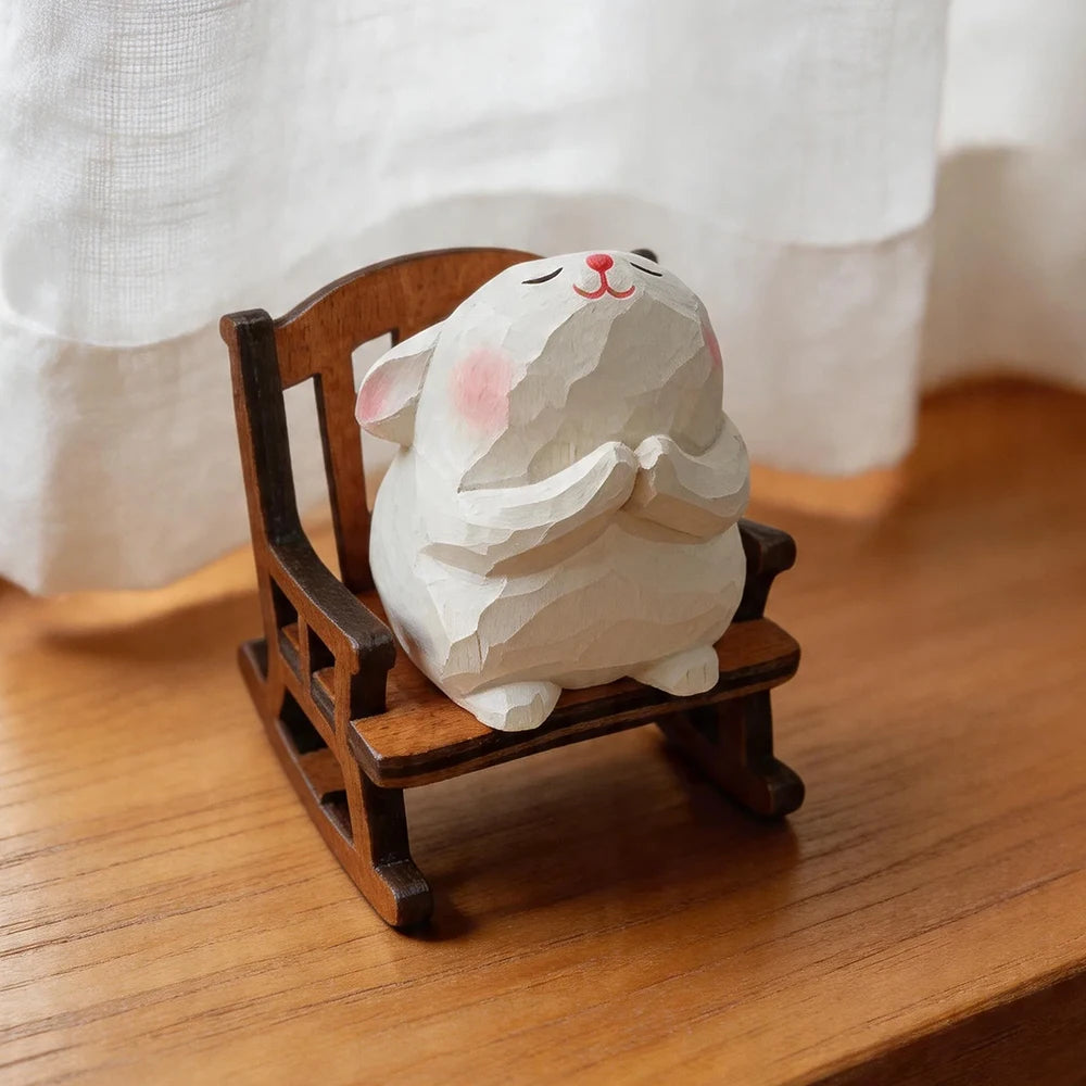 Hand Carved Wooden Rabbit Figurine Cute Mini Bunny Statue Natural Wood Animal Sculpture for Home Office Desk Easter Decor Gift