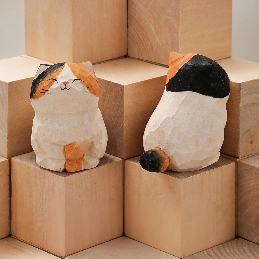Handcrafted Wood Carving Kitten Statue Desk Accessories Cute Cat Figurine Home Decor Animal Car Ornament Home Room Decoration
