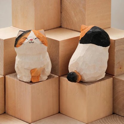 Handcrafted Wood Carving Kitten Statue Desk Accessories Cute Cat Figurine Home Decor Animal Car Ornament Home Room Decoration
