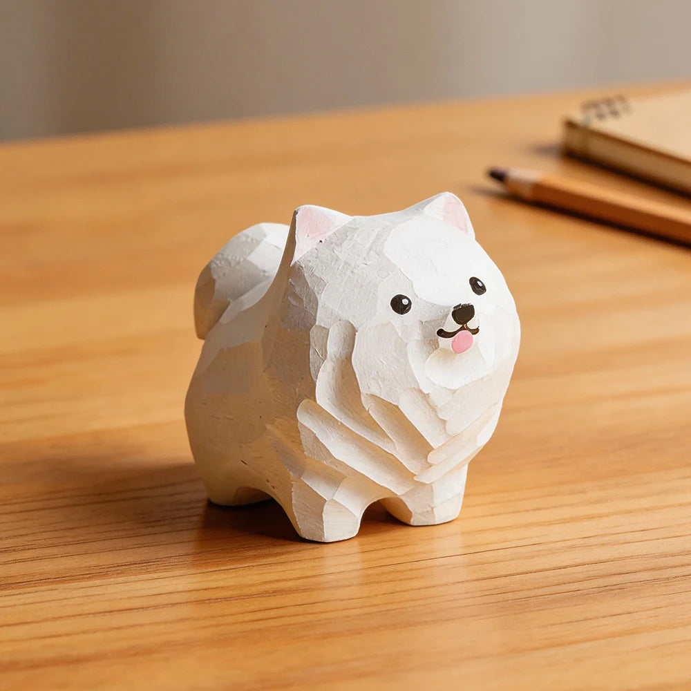 Hand Carved Decorative Wooden Samoyed Figurine Mini Cute Dog Puppy Statue Ornament Home Desk Wood Art Decor Gift for Dog Lovers