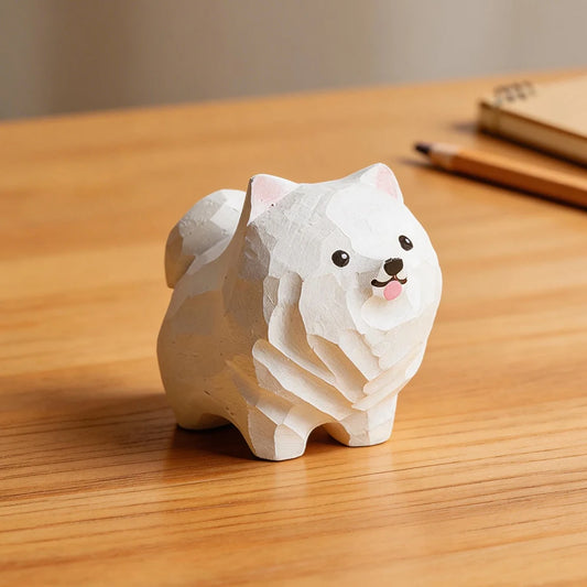 Hand Carved Decorative Wooden Samoyed Figurine Mini Cute Dog Puppy Statue Ornament Home Desk Wood Art Decor Gift for Dog Lovers