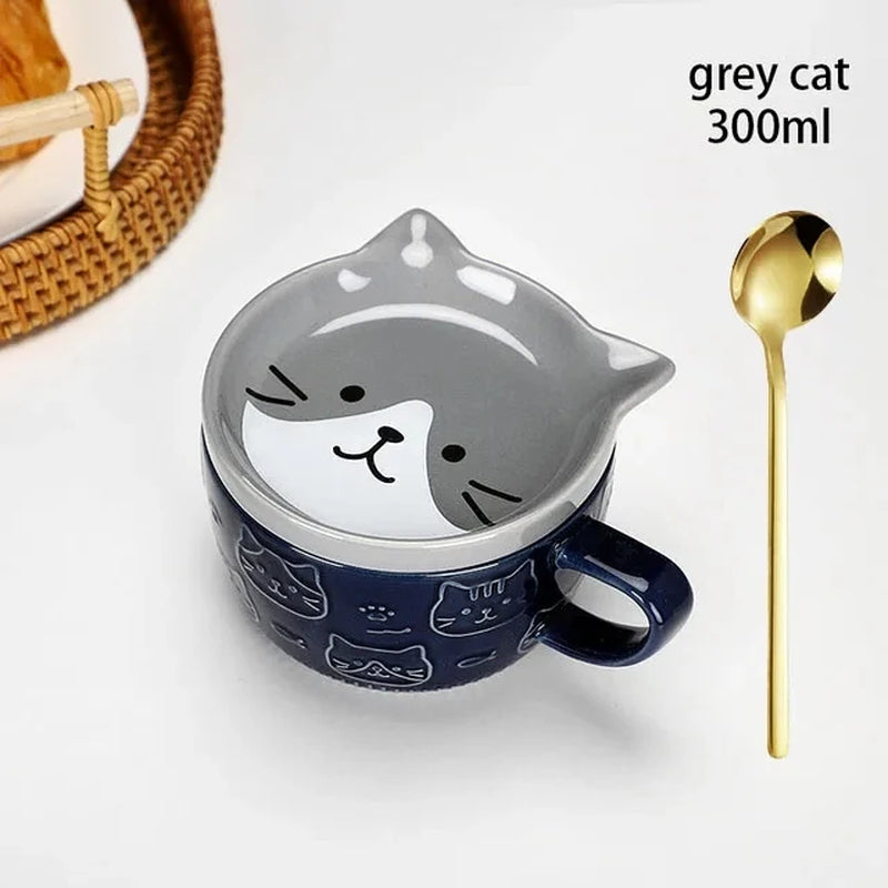 Japanese Cartoon Cat Coffee Mug with Animal Cat Pattern Lid Small Dish Cute Breakfast Cup Creative Coffee Cup Milk Cup Gift