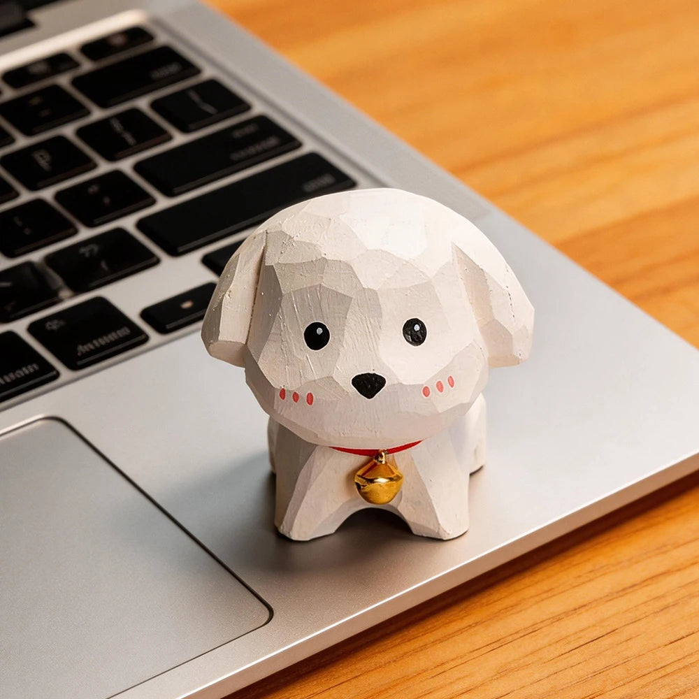 Cute Hand Carved Decorative Wooden Dog Figurines Hand-Painted Puppy Statue Ornament for Home Desk Decor Gift for Dog Lovers