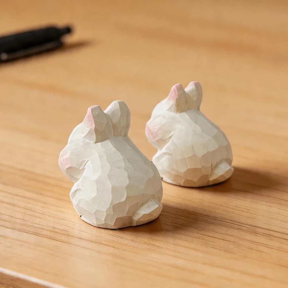Hand Carved Wooden Rabbit Figurine Cute Mini Bunny Statue Natural Wood Animal Sculpture for Home Office Desk Easter Decor Gift