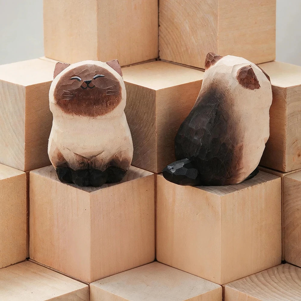Handcrafted Wood Carving Kitten Statue Desk Accessories Cute Cat Figurine Home Decor Animal Car Ornament Home Room Decoration