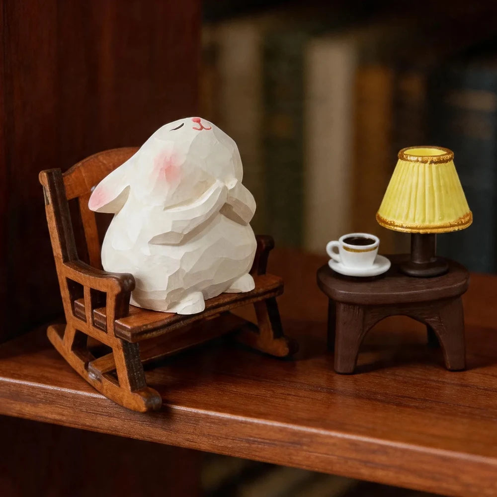 Hand Carved Wooden Rabbit Figurine Cute Mini Bunny Statue Natural Wood Animal Sculpture for Home Office Desk Easter Decor Gift