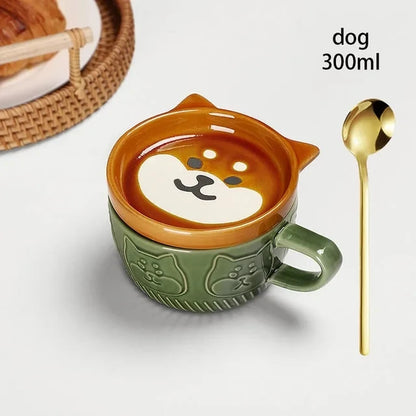 Japanese Cartoon Cat Coffee Mug with Animal Cat Pattern Lid Small Dish Cute Breakfast Cup Creative Coffee Cup Milk Cup Gift
