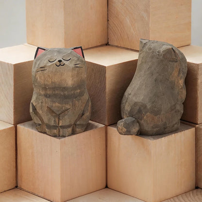 Handcrafted Wood Carving Kitten Statue Desk Accessories Cute Cat Figurine Home Decor Animal Car Ornament Home Room Decoration