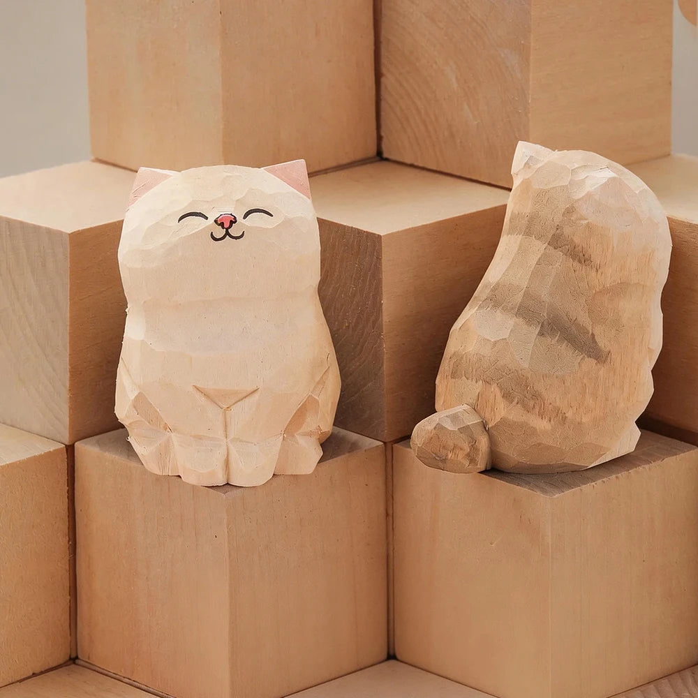 Handcrafted Wood Carving Kitten Statue Desk Accessories Cute Cat Figurine Home Decor Animal Car Ornament Home Room Decoration