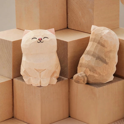 Handcrafted Wood Carving Kitten Statue Desk Accessories Cute Cat Figurine Home Decor Animal Car Ornament Home Room Decoration