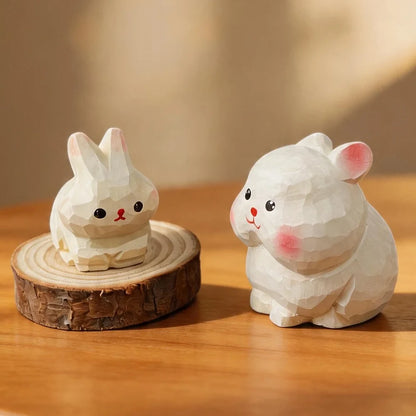 Hand Carved Wooden Rabbit Figurine Cute Mini Bunny Statue Natural Wood Animal Sculpture for Home Office Desk Easter Decor Gift
