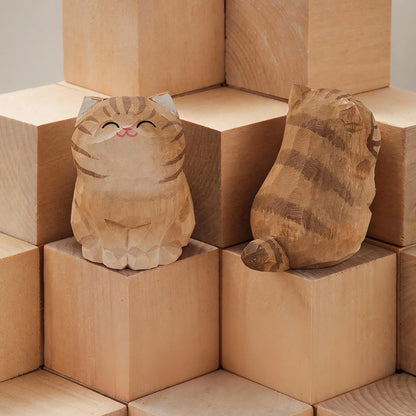 Handcrafted Wood Carving Kitten Statue Desk Accessories Cute Cat Figurine Home Decor Animal Car Ornament Home Room Decoration