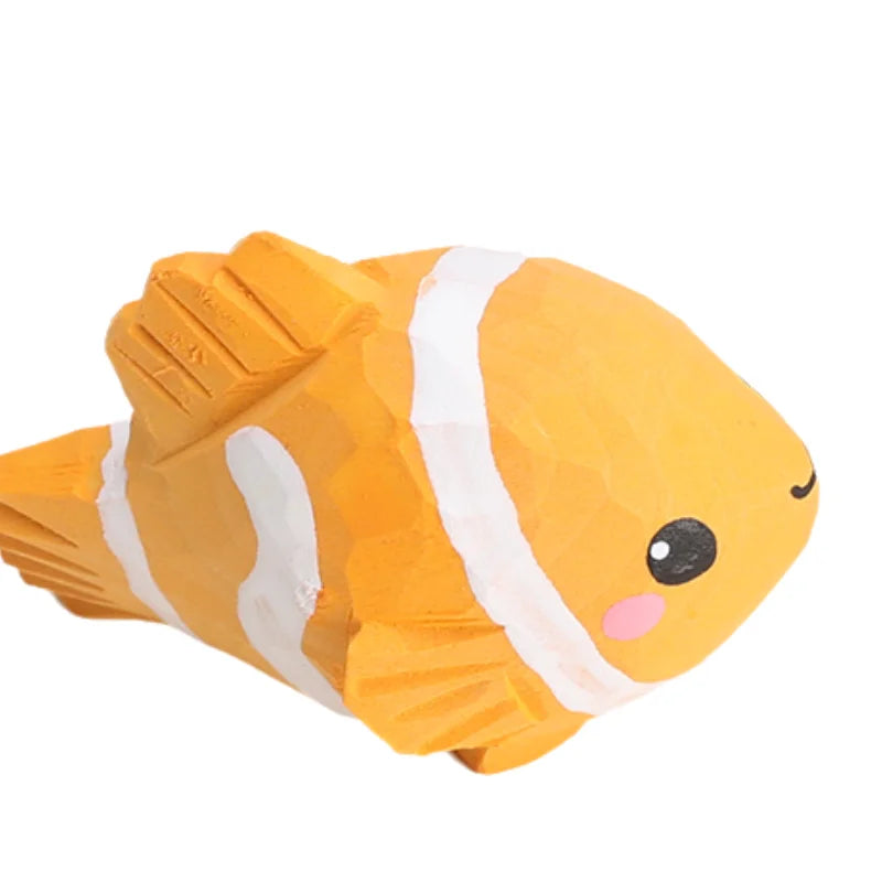 Hand Carved Wooden Clownfish Figurine Cute Striped Yellow Blue Red Fish Ornament Statue Sea Animal Home Decor Creative Gift