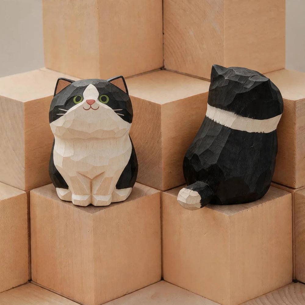 Handcrafted Wood Carving Kitten Statue Desk Accessories Cute Cat Figurine Home Decor Animal Car Ornament Home Room Decoration
