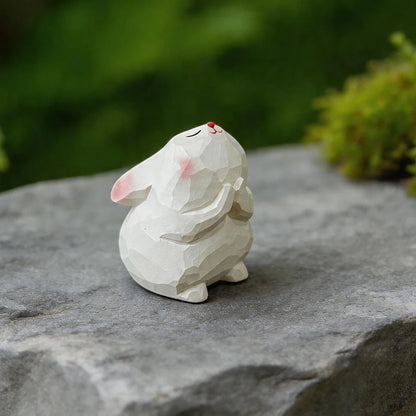 Hand Carved Wooden Rabbit Figurine Cute Mini Bunny Statue Natural Wood Animal Sculpture for Home Office Desk Easter Decor Gift