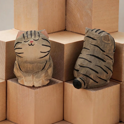 Handcrafted Wood Carving Kitten Statue Desk Accessories Cute Cat Figurine Home Decor Animal Car Ornament Home Room Decoration