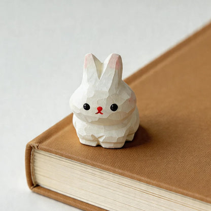 Hand Carved Wooden Rabbit Figurine Cute Mini Bunny Statue Natural Wood Animal Sculpture for Home Office Desk Easter Decor Gift