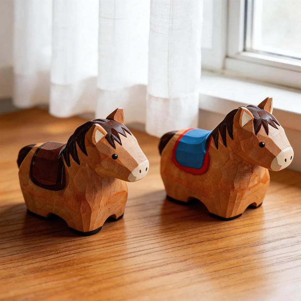 Cute Handmade Decorative Wooden Horse Figurine Animal Carving Ornament Statue Carving Home Room Desktop Accessories Decor Gift