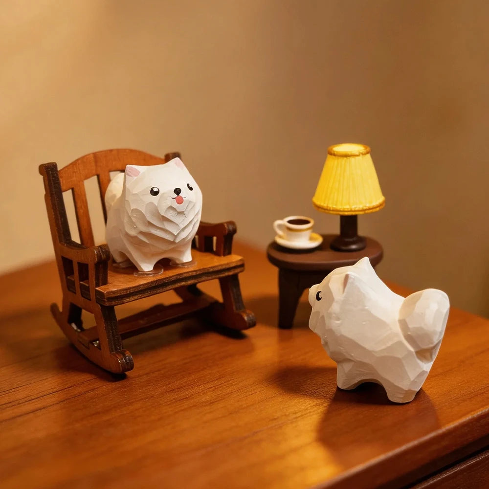 Hand Carved Decorative Wooden Samoyed Figurine Mini Cute Dog Puppy Statue Ornament Home Desk Wood Art Decor Gift for Dog Lovers