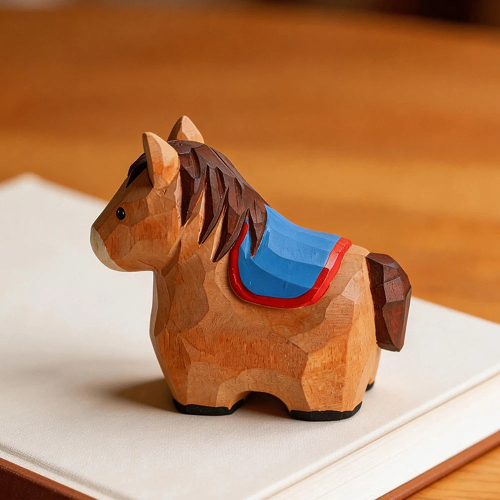 Cute Handmade Decorative Wooden Horse Figurine Animal Carving Ornament Statue Carving Home Room Desktop Accessories Decor Gift