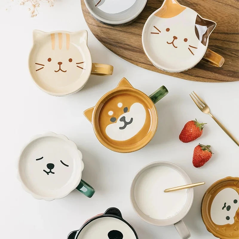 Japanese Cartoon Cat Coffee Mug with Animal Cat Pattern Lid Small Dish Cute Breakfast Cup Creative Coffee Cup Milk Cup Gift