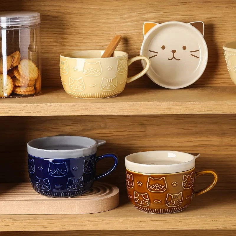 Japanese Cartoon Cat Coffee Mug with Animal Cat Pattern Lid Small Dish Cute Breakfast Cup Creative Coffee Cup Milk Cup Gift