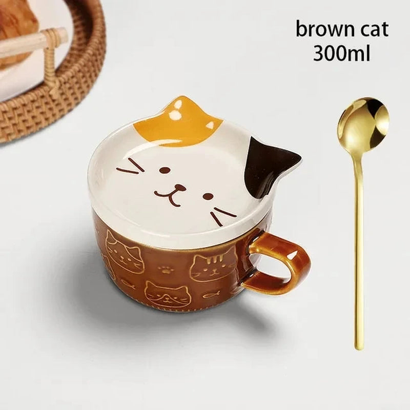 Japanese Cartoon Cat Coffee Mug with Animal Cat Pattern Lid Small Dish Cute Breakfast Cup Creative Coffee Cup Milk Cup Gift