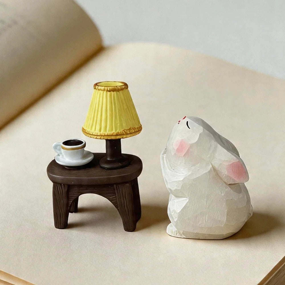 Hand Carved Wooden Rabbit Figurine Cute Mini Bunny Statue Natural Wood Animal Sculpture for Home Office Desk Easter Decor Gift