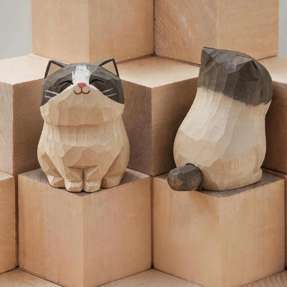 Handcrafted Wood Carving Kitten Statue Desk Accessories Cute Cat Figurine Home Decor Animal Car Ornament Home Room Decoration