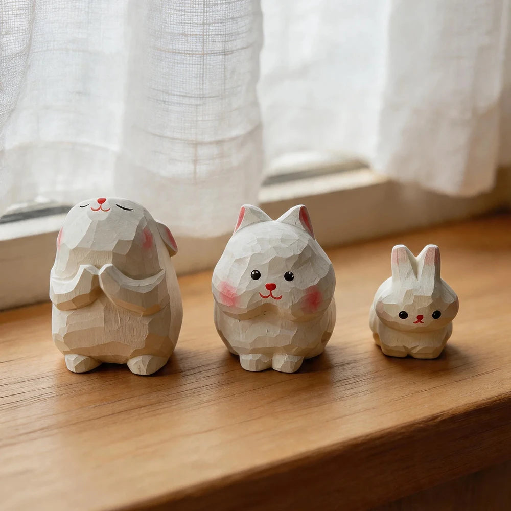 Hand Carved Wooden Rabbit Figurine Cute Mini Bunny Statue Natural Wood Animal Sculpture for Home Office Desk Easter Decor Gift