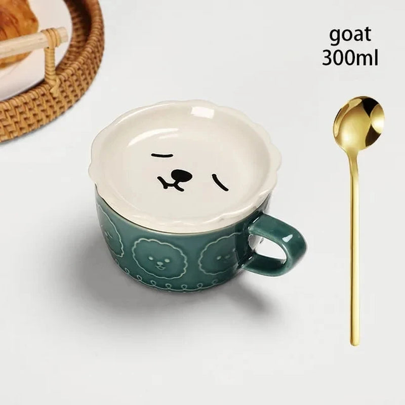Japanese Cartoon Cat Coffee Mug with Animal Cat Pattern Lid Small Dish Cute Breakfast Cup Creative Coffee Cup Milk Cup Gift