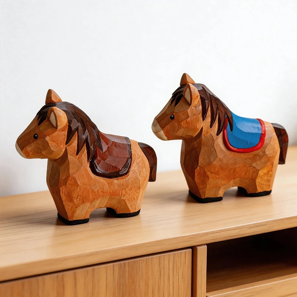 Cute Handmade Decorative Wooden Horse Figurine Animal Carving Ornament Statue Carving Home Room Desktop Accessories Decor Gift