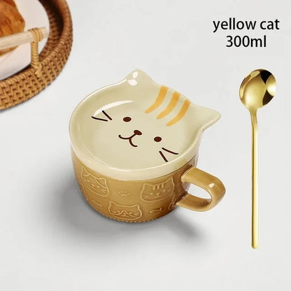 Japanese Cartoon Cat Coffee Mug with Animal Cat Pattern Lid Small Dish Cute Breakfast Cup Creative Coffee Cup Milk Cup Gift