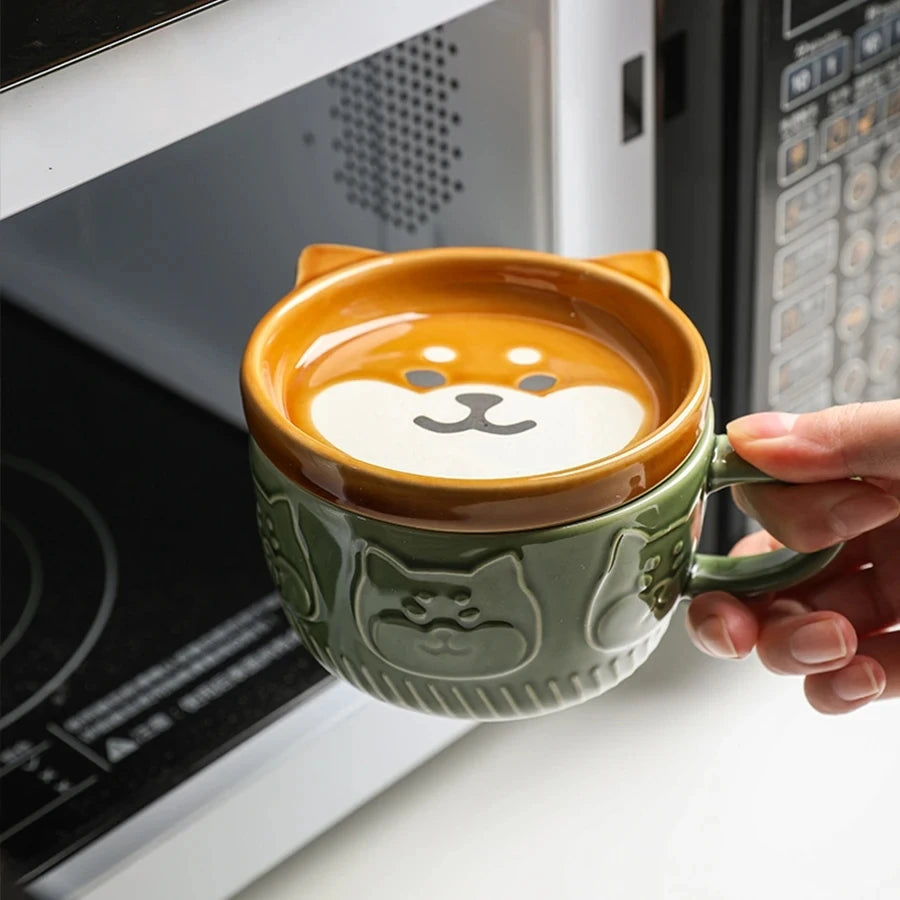 Japanese Cartoon Cat Coffee Mug with Animal Cat Pattern Lid Small Dish Cute Breakfast Cup Creative Coffee Cup Milk Cup Gift