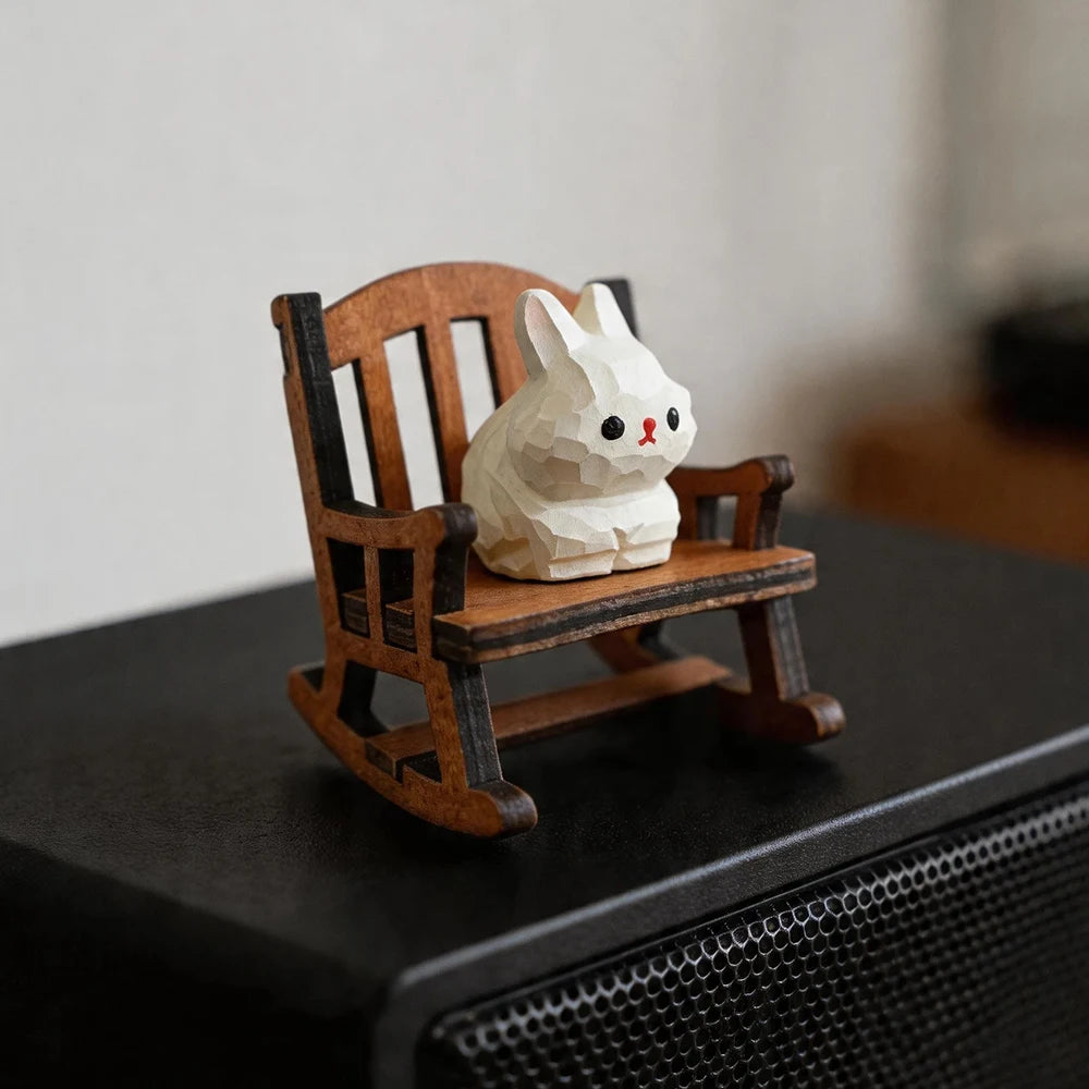 Hand Carved Wooden Rabbit Figurine Cute Mini Bunny Statue Natural Wood Animal Sculpture for Home Office Desk Easter Decor Gift