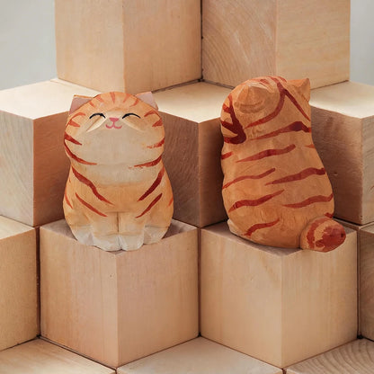 Handcrafted Wood Carving Kitten Statue Desk Accessories Cute Cat Figurine Home Decor Animal Car Ornament Home Room Decoration