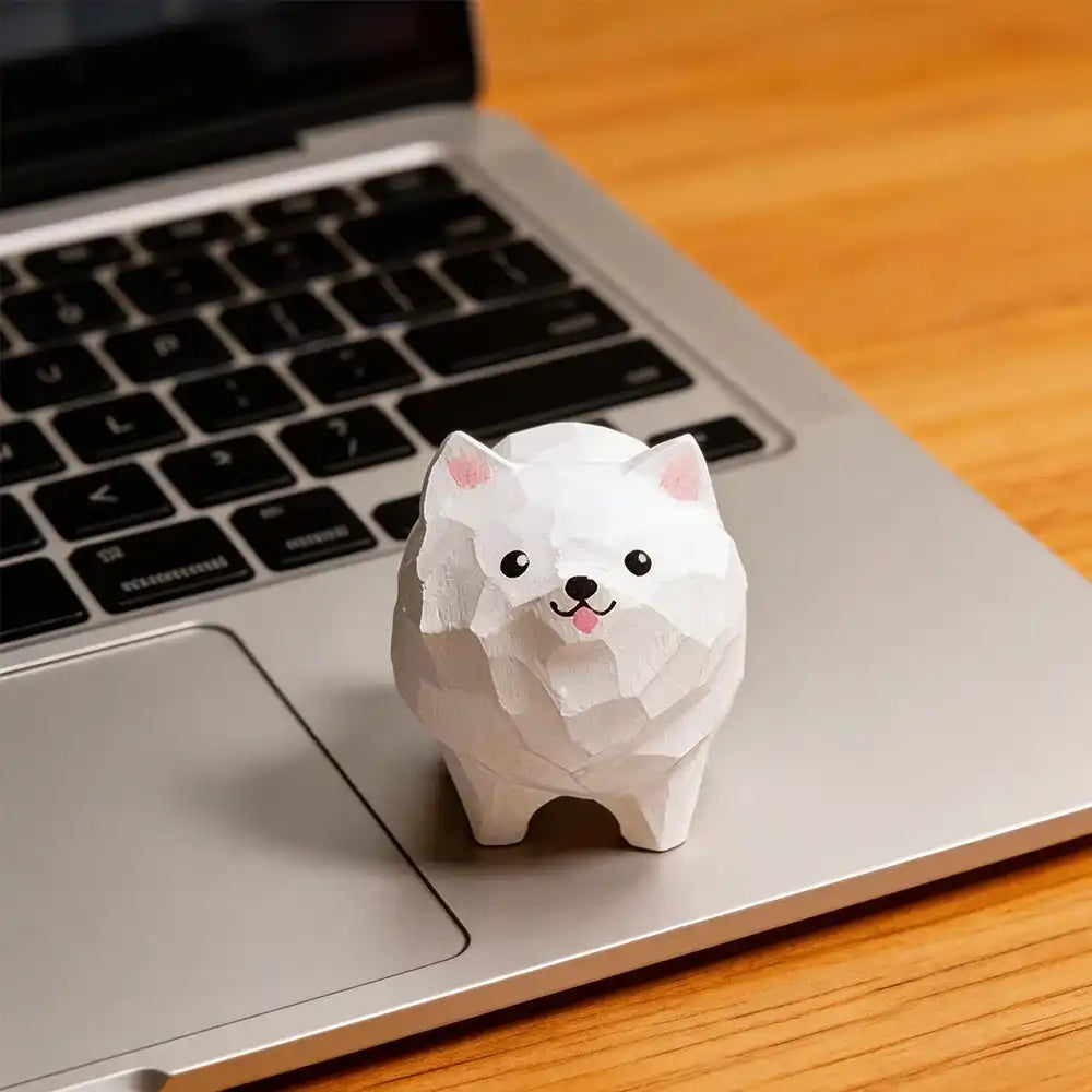 Hand Carved Decorative Wooden Samoyed Figurine Mini Cute Dog Puppy Statue Ornament Home Desk Wood Art Decor Gift for Dog Lovers