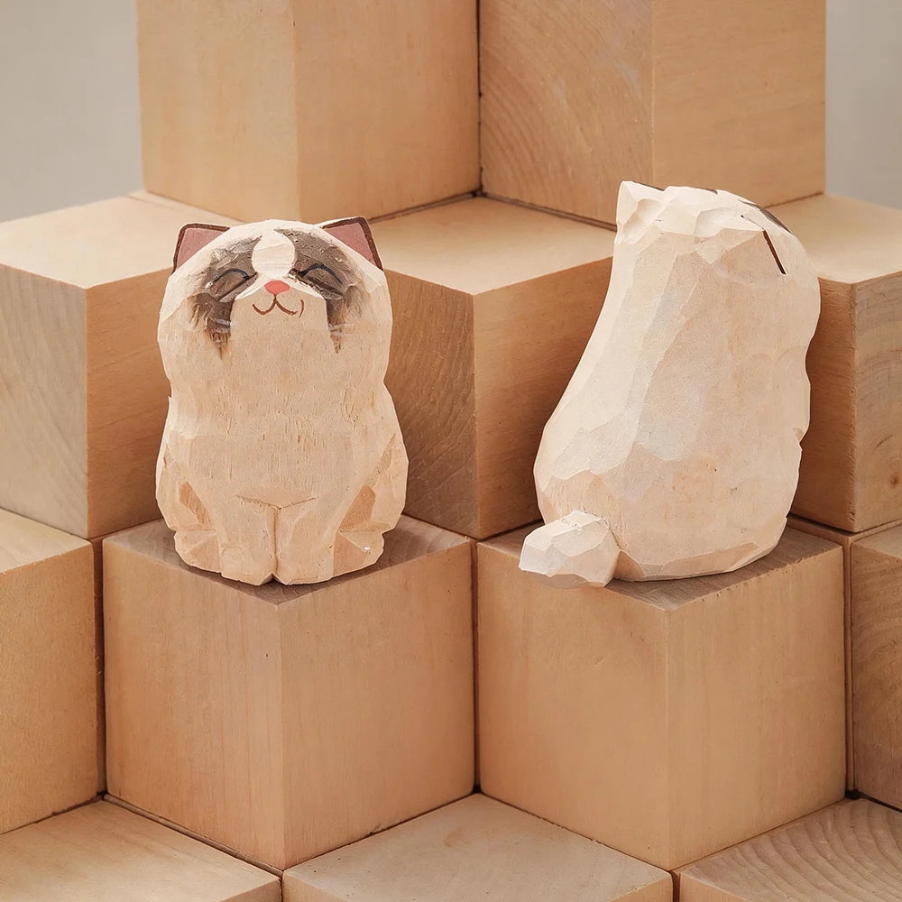 Handcrafted Wood Carving Kitten Statue Desk Accessories Cute Cat Figurine Home Decor Animal Car Ornament Home Room Decoration