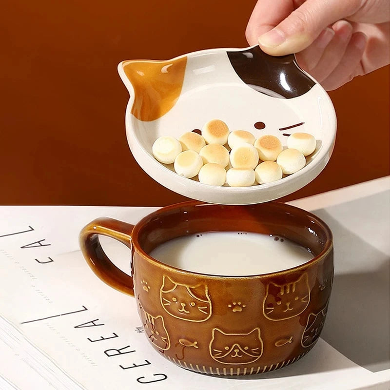 Japanese Cartoon Cat Coffee Mug with Animal Cat Pattern Lid Small Dish Cute Breakfast Cup Creative Coffee Cup Milk Cup Gift